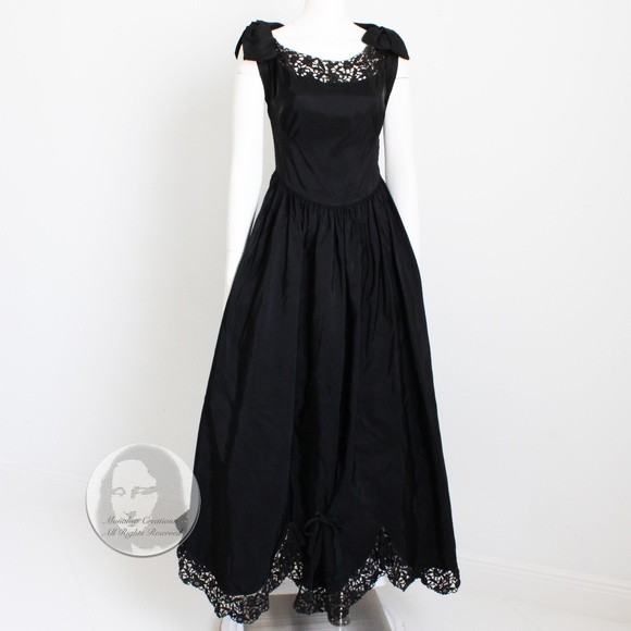Vintage 40s Party Dress Black Taffeta with Scalloped Lace Hem Irving Detroit - Picture 8 of 14